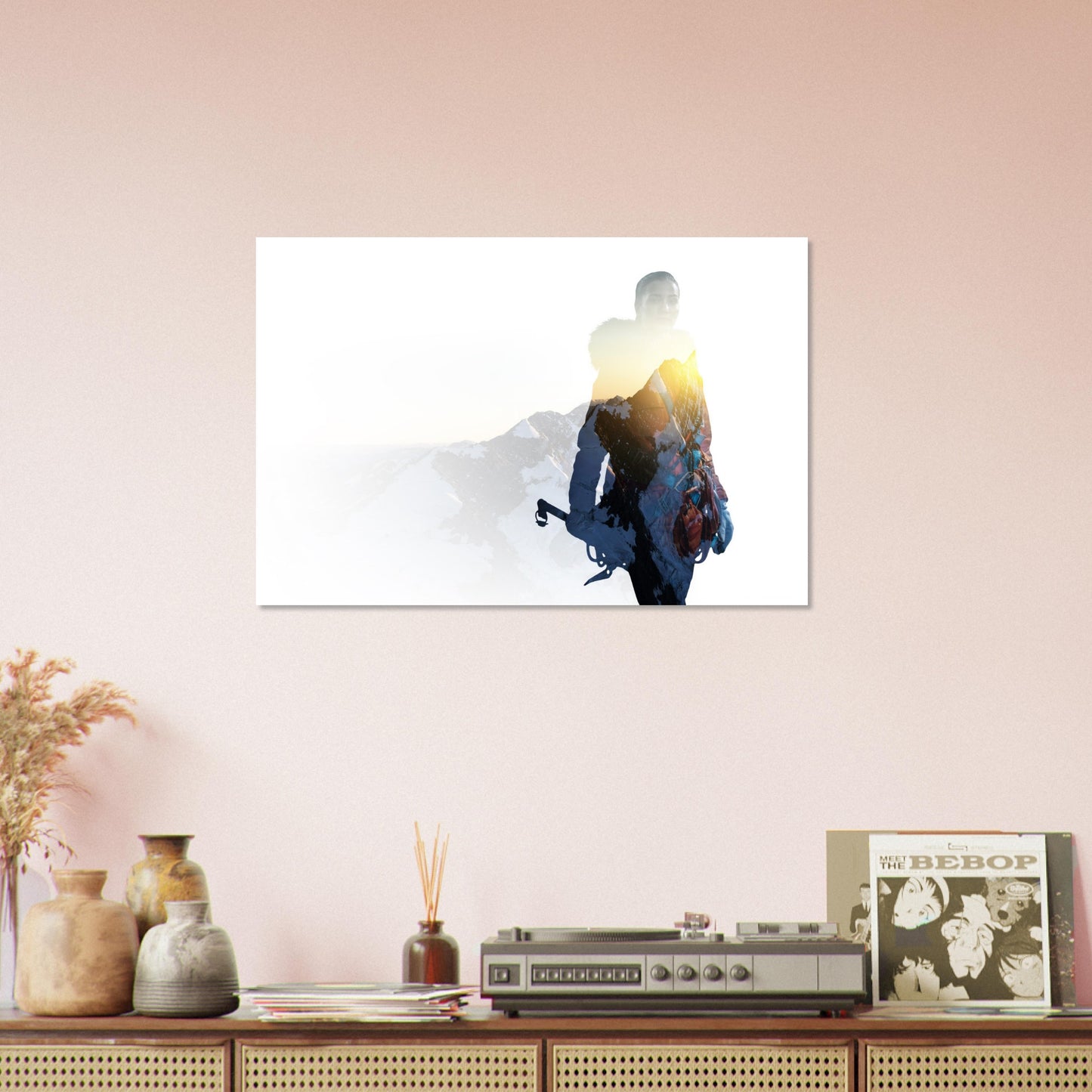 Tableau photo Photo fusion d'une alpiniste et montagne — tirage aluminium Dibond mat, fabrication française, prêt à accrocher