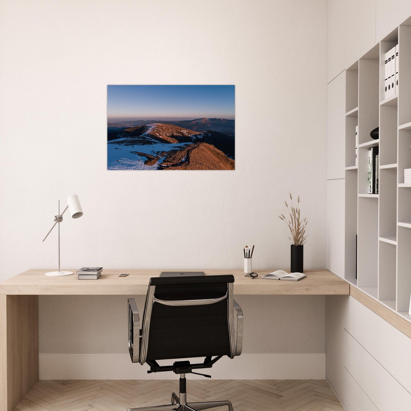 Aerial photo of the snow-covered Hohneck at sunset — photo print on matte aluminium Dibond