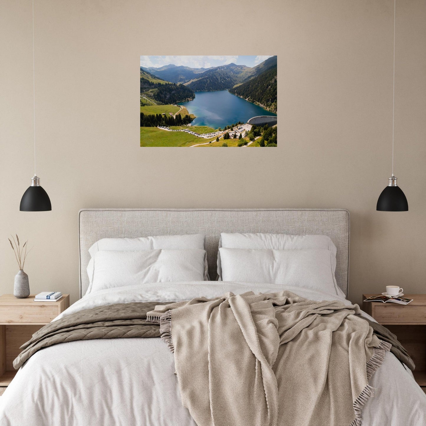 Aerial photo of Lake and Dam of Saint-Guérin — photo print on matte aluminium Dibond