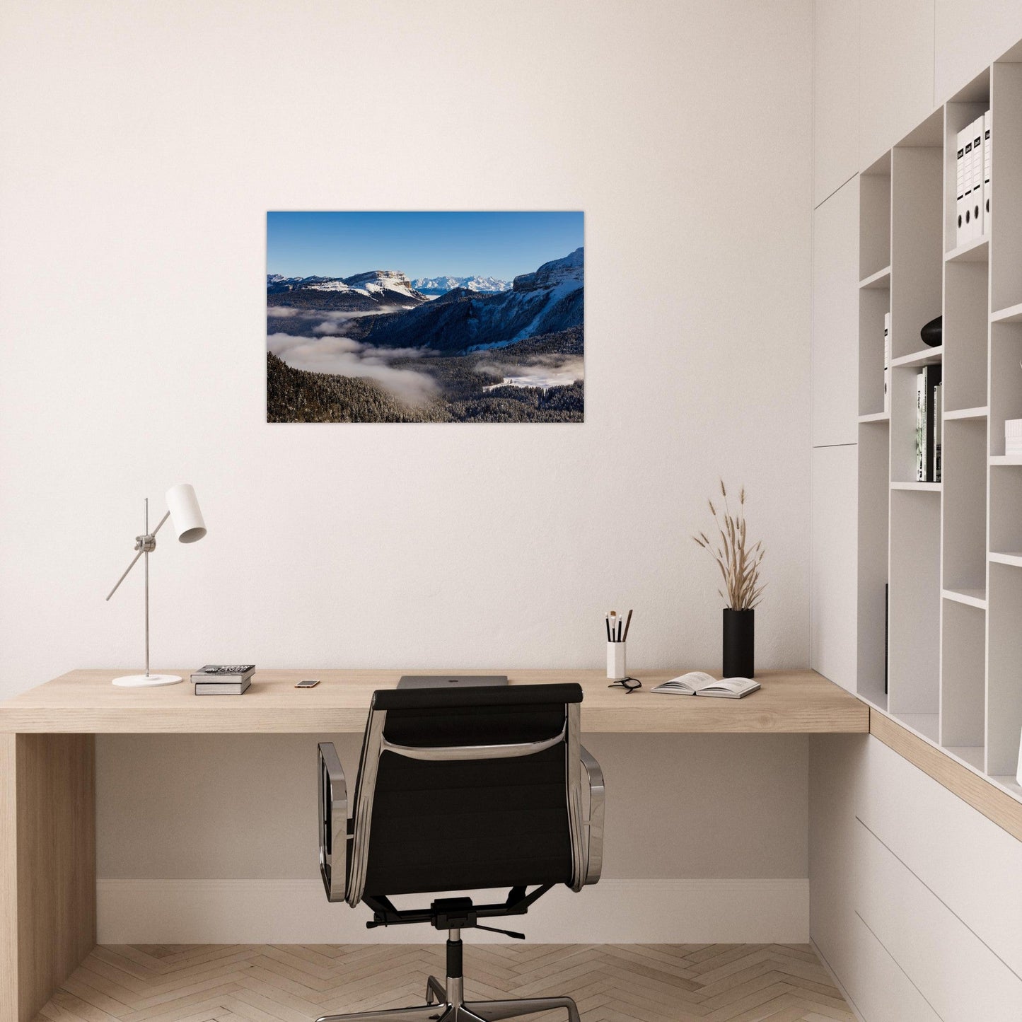 Tableau photo de la Dent de Crolles et Belledonne depuis le Charmant Som sur aluminium Dibond mat, présenté dans un intérieur