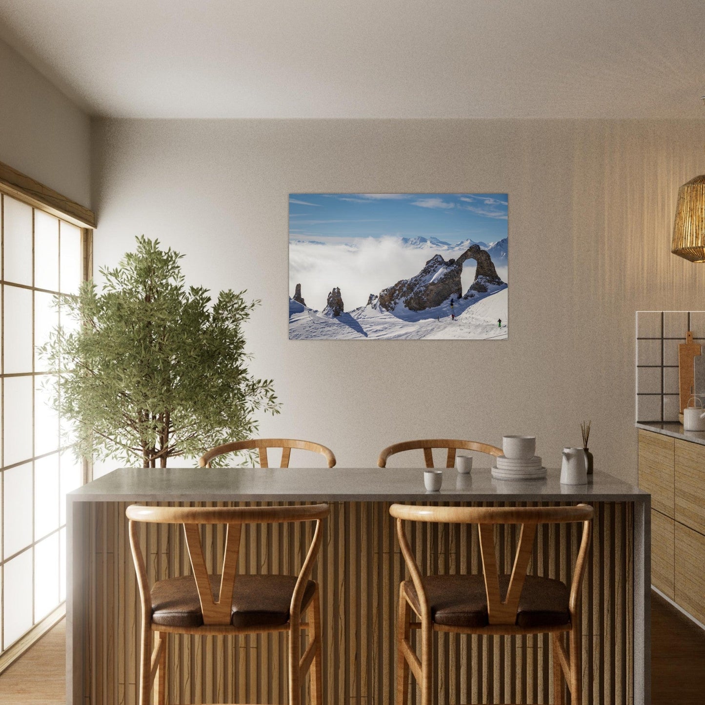 Tableau photo de skieurs vers l’Aiguille Percée à Tignes sur aluminium Dibond mat, présenté dans un intérieur