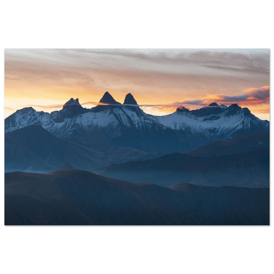 Photo des Aiguilles d’Arves au lever du soleil depuis le col de la Croix de Fer — tableau photo paysage de montagne en Alu Dibond, fabrication française