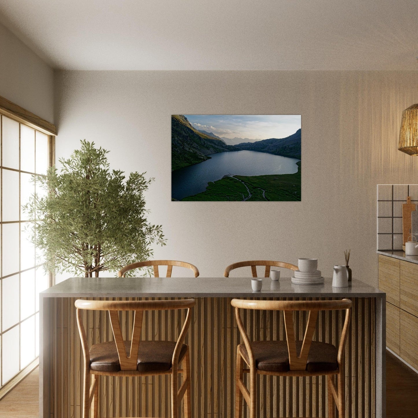 Tableau photo des lacs de Vens au coucher du soleil sur aluminium Dibond mat, présenté dans un intérieur