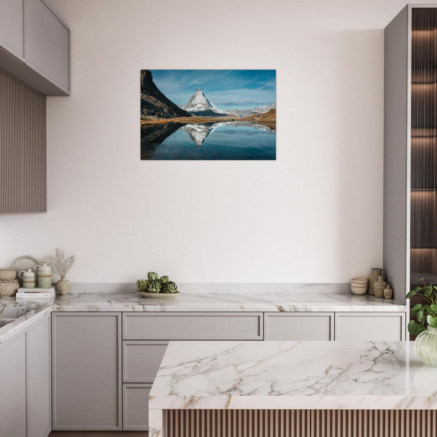 Photo du Cervin reflété dans le lac Riffelsee à Zermatt — tableau photo paysage de montagne en Alu Dibond