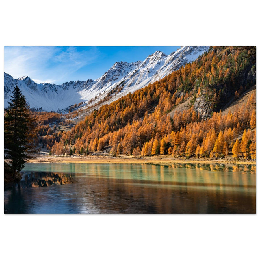 Photo du lac de l’Orceyrette entouré de mélèzes en automne — tableau photo paysage de montagne en Alu Dibond, fabrication française