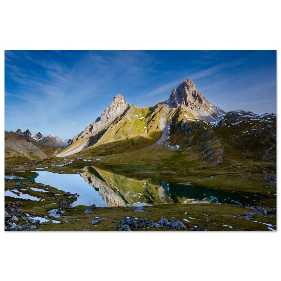 Photo du lac des Cerces face à la Pointe des Cerces — tableau photo paysage de montagne en Alu Dibond, fabrication française