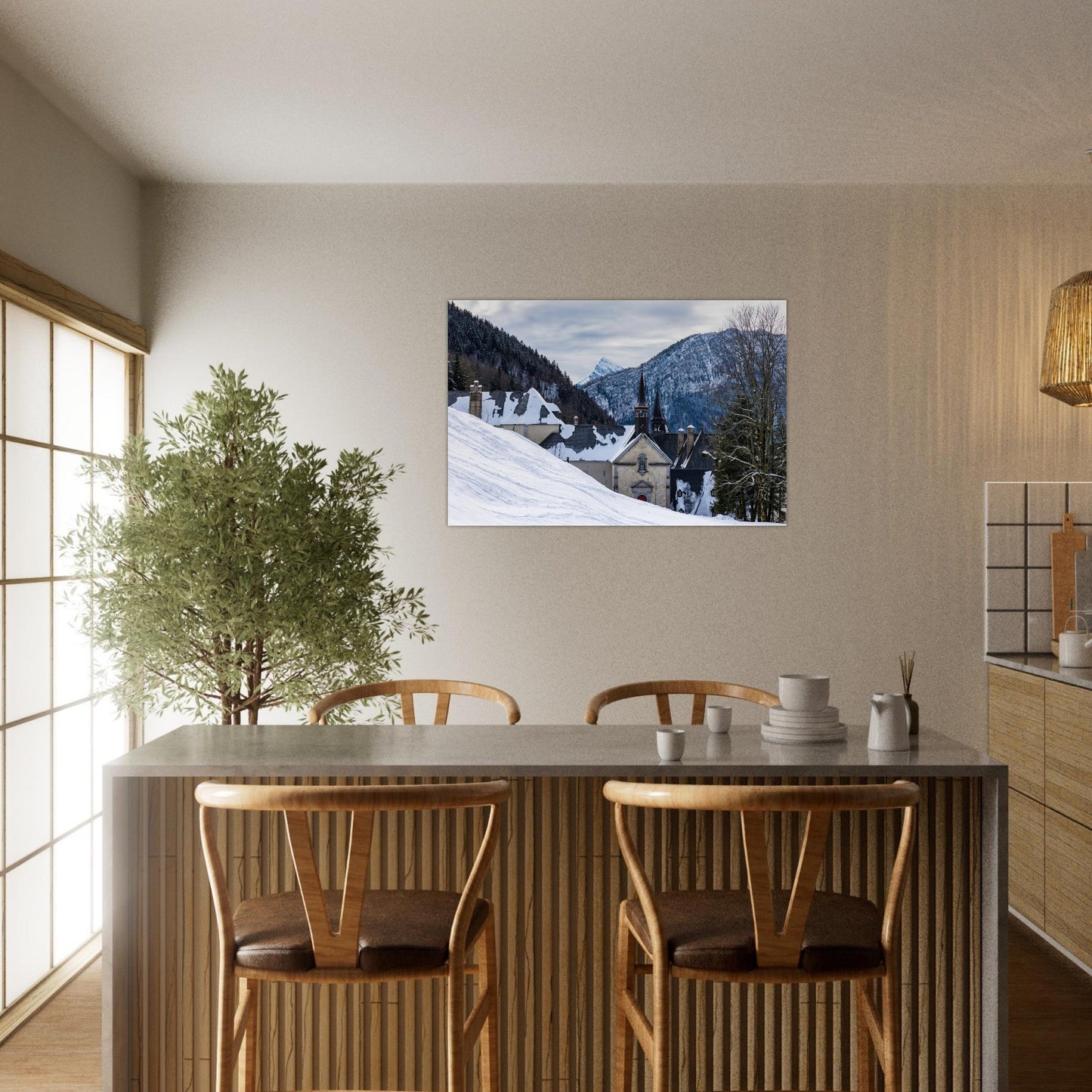 Tableau photo du monastère de la Grande Chartreuse face au Charmant Som sur aluminium Dibond mat, présenté dans un intérieur