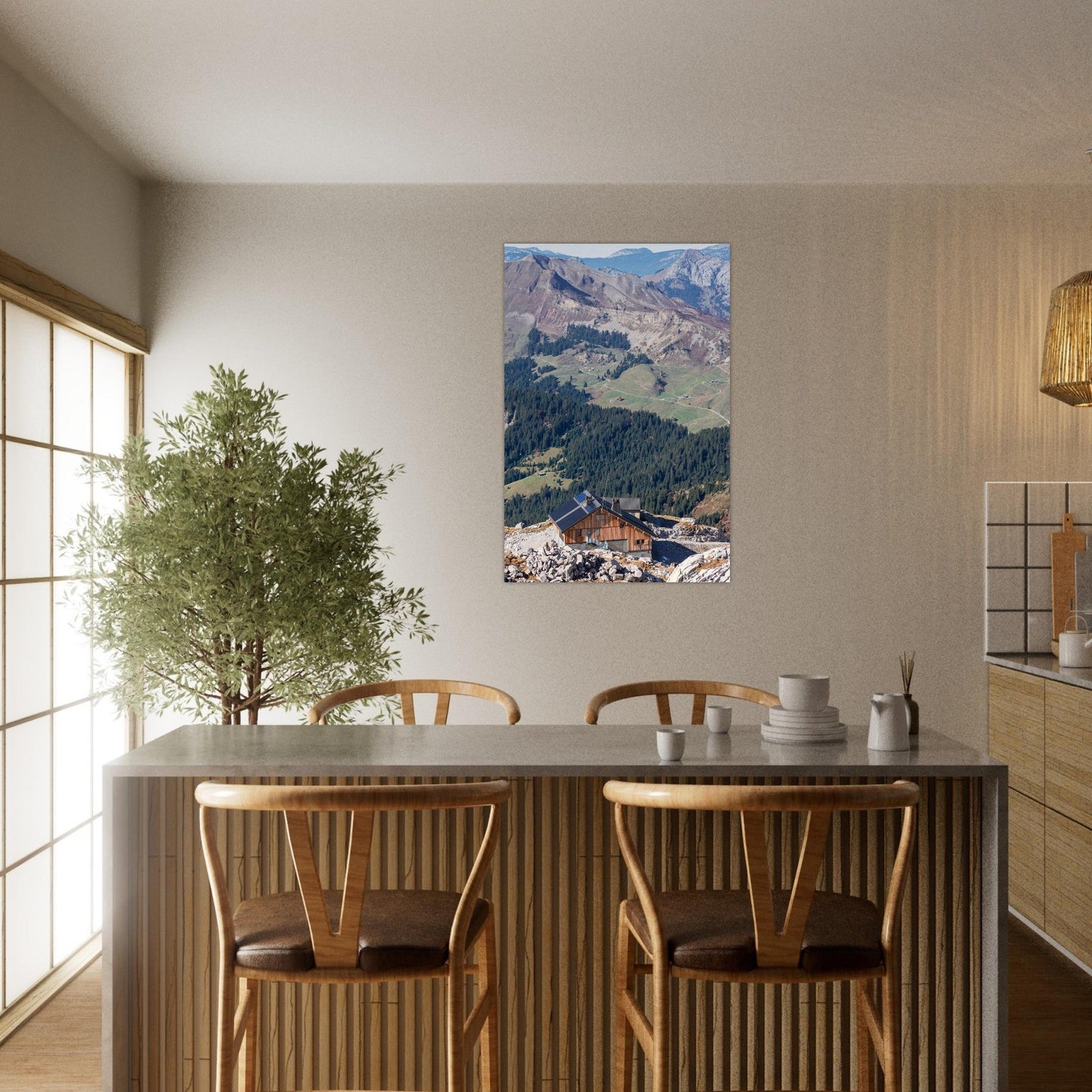 Tableau photo du refuge de la Pointe Percée dans les Aravis sur aluminium Dibond mat, présenté dans un intérieur
