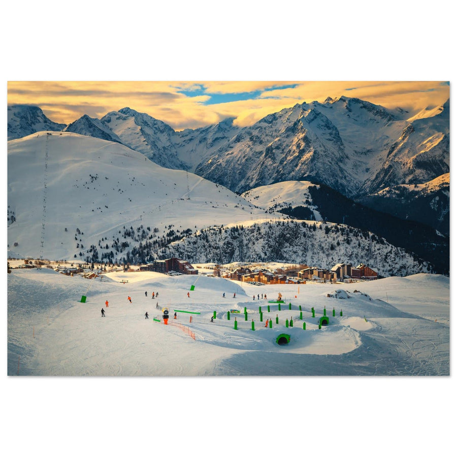 Photo du snowpark de l’Alpe d’Huez au coucher du soleil — tableau photo paysage de montagne en Alu Dibond, fabrication française