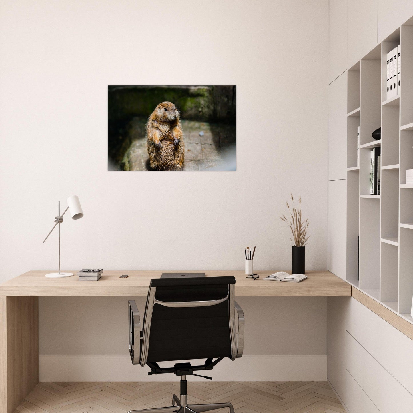 Tableau photo d’une jeune marmotte des Alpes sur aluminium Dibond mat, présenté dans un intérieur