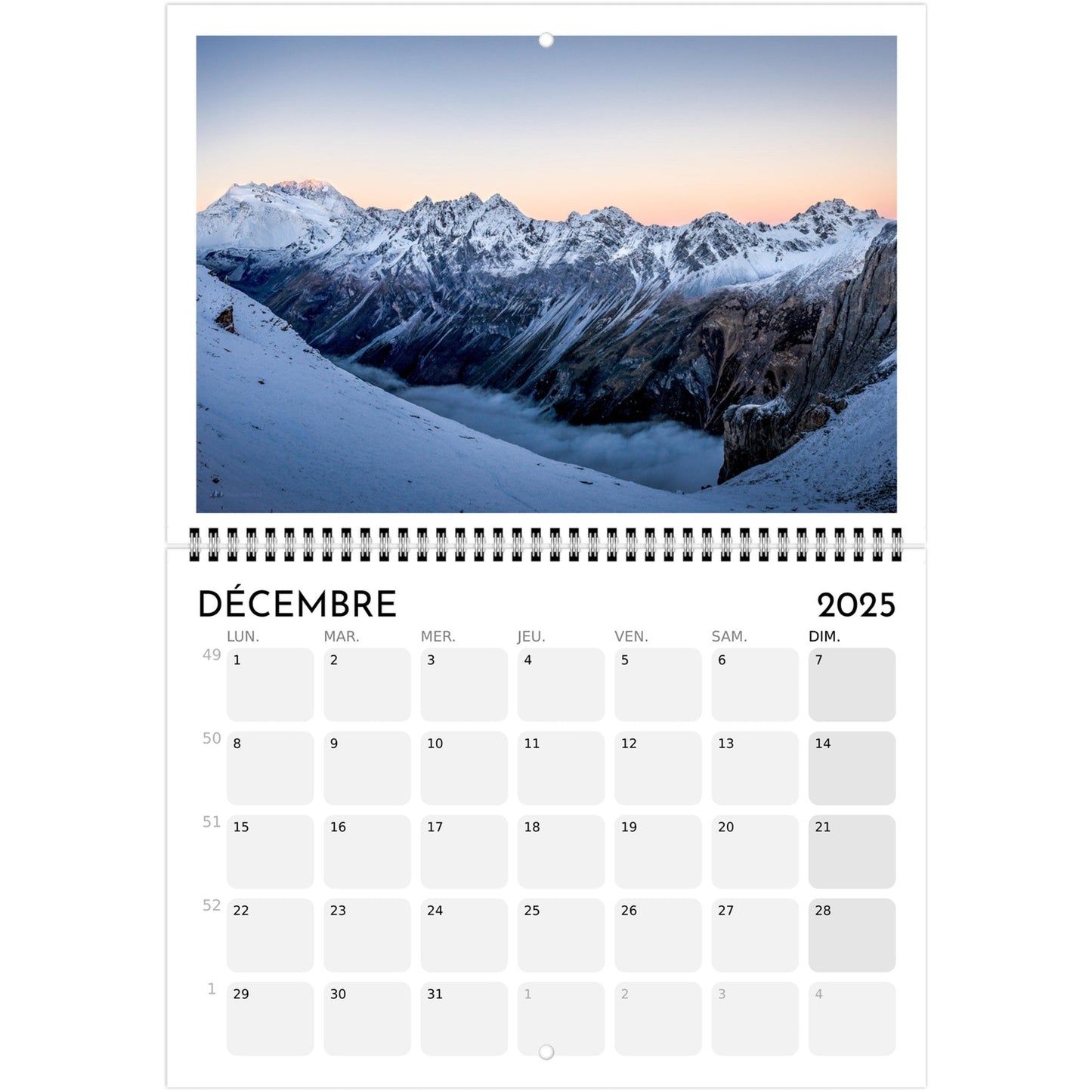 Tableau photo Calendriers Alpes 2025 — tirage aluminium Dibond mat, fabrication française, prêt à accrocher