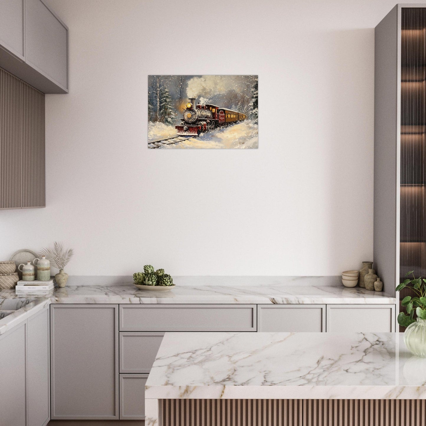 Tableau photo Train rouge à vapeur dans la neige — image IA (Alpes) — tirage aluminium Dibond mat, fabrication française, prêt à accrocher