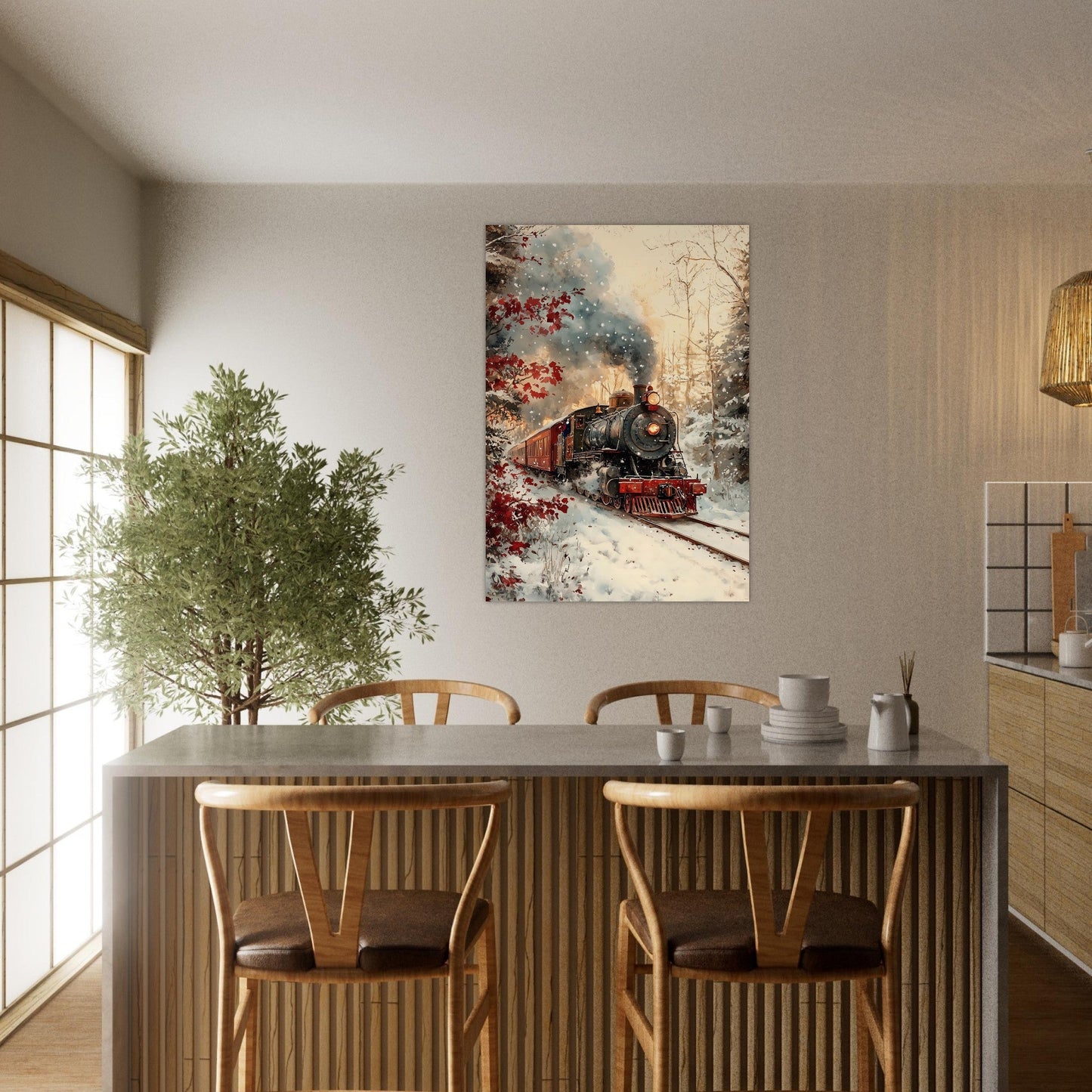 Tableau photo Train rouge à vapeur dans la neige — image IA (ambiance alpine) — tirage aluminium Dibond mat, fabrication française, prêt à accrocher