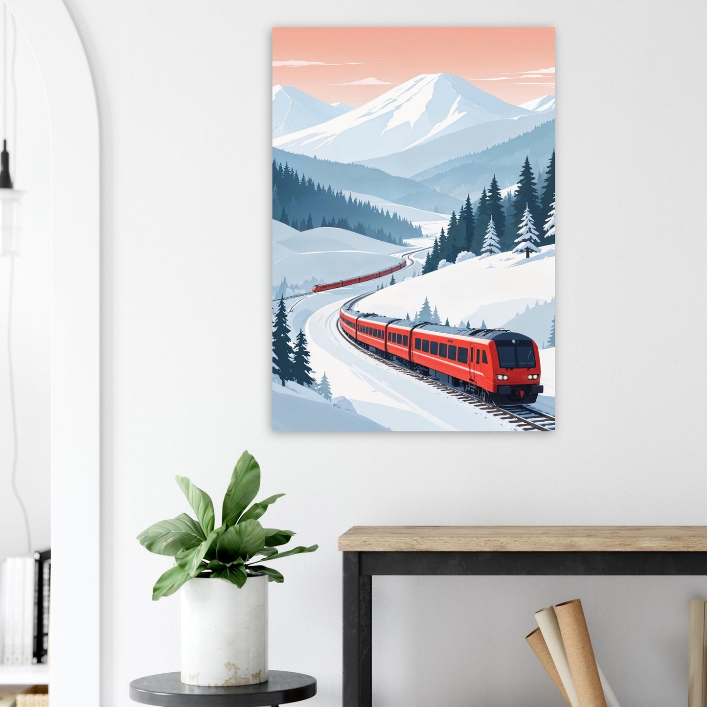 Tableau photo Trains rouges dans les Alpes — image IA — tirage aluminium Dibond mat, fabrication française, prêt à accrocher