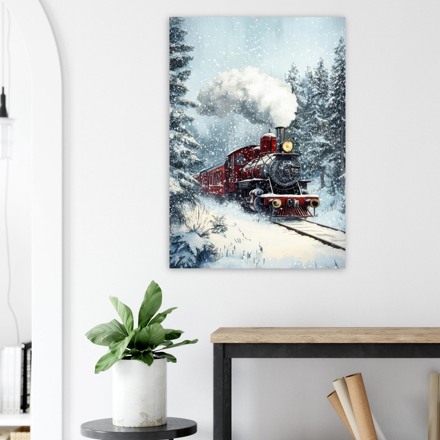 Tableau photo Train rouge à vapeur dans la neige — image IA — tirage aluminium Dibond mat, fabrication française, prêt à accrocher