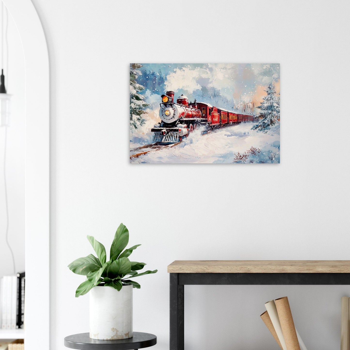 Tableau photo Train rouge à vapeur dans la neige — image IA — tirage aluminium Dibond mat, fabrication française, prêt à accrocher