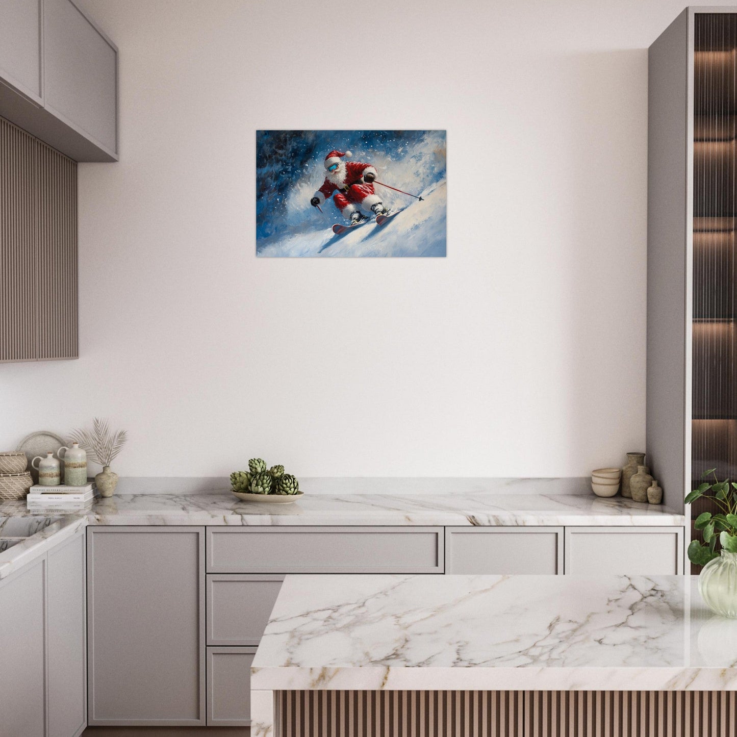 Tableau photo Père Noël en ski — image IA (style peinture) — tirage aluminium Dibond mat, fabrication française, prêt à accrocher