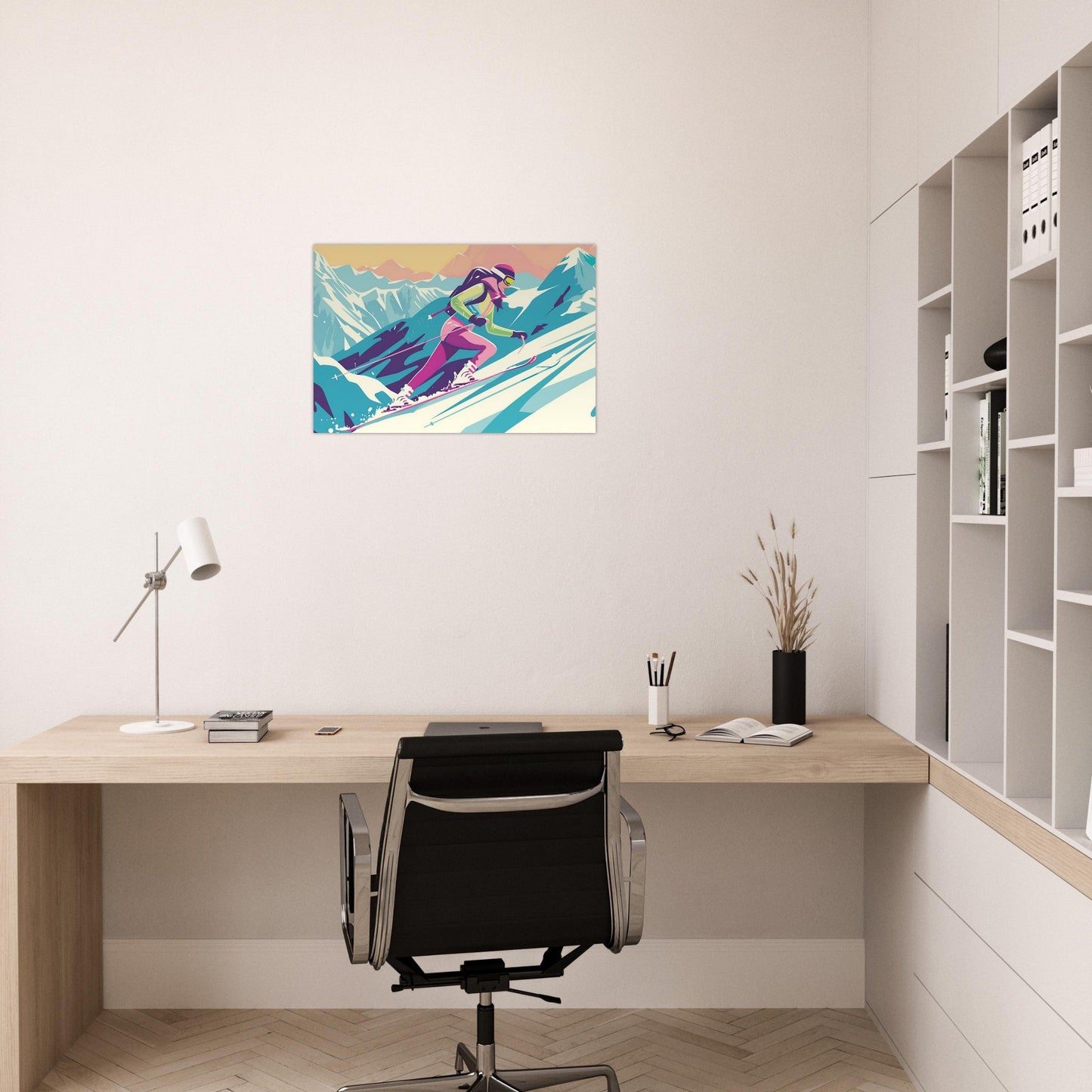 Tableau photo Illustration vintage de ski de rando des années 60 — tirage aluminium Dibond mat, fabrication française, prêt à accrocher