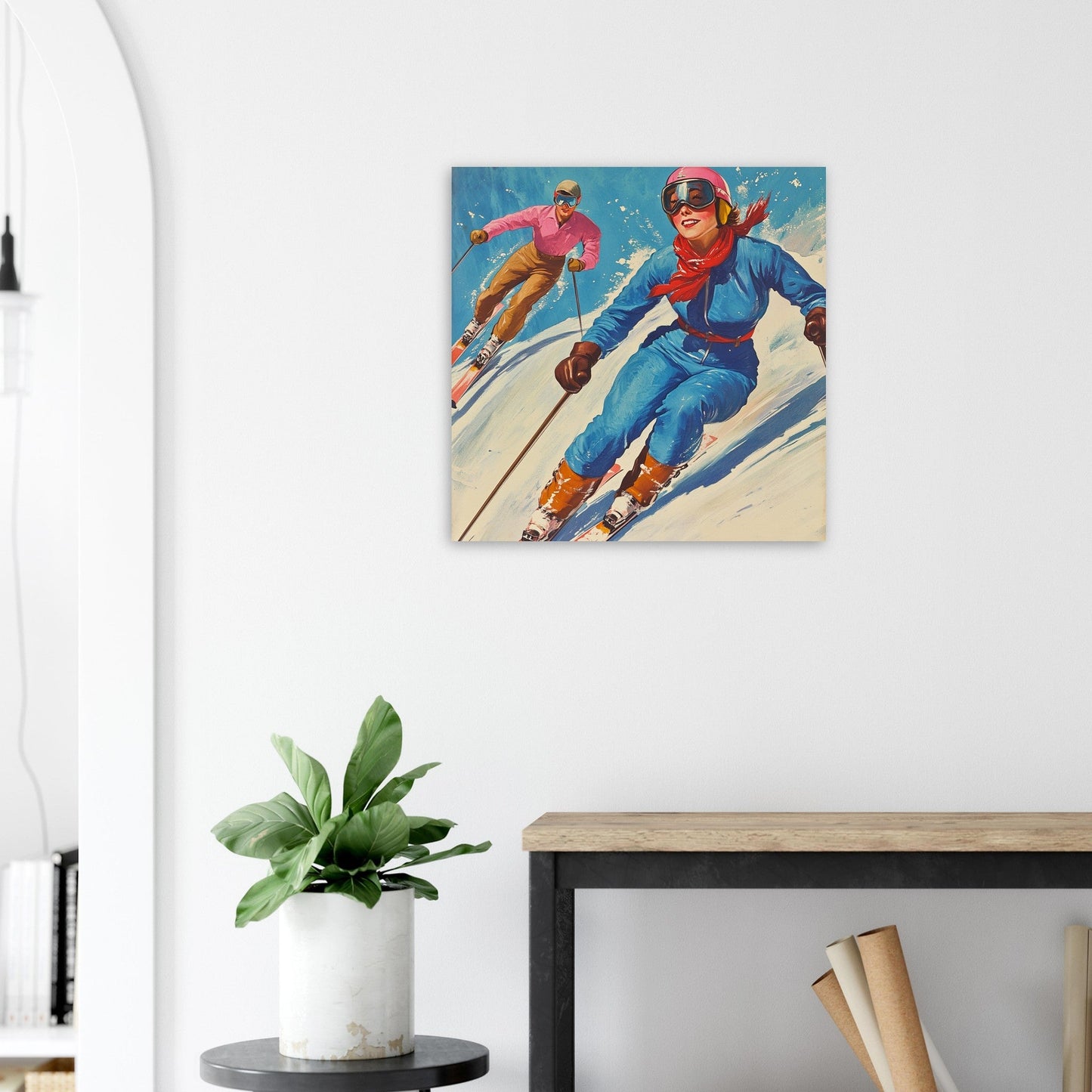 Tableau photo Illustration vintage de ski des années 50 - 60 — tirage aluminium Dibond mat, fabrication française, prêt à accrocher