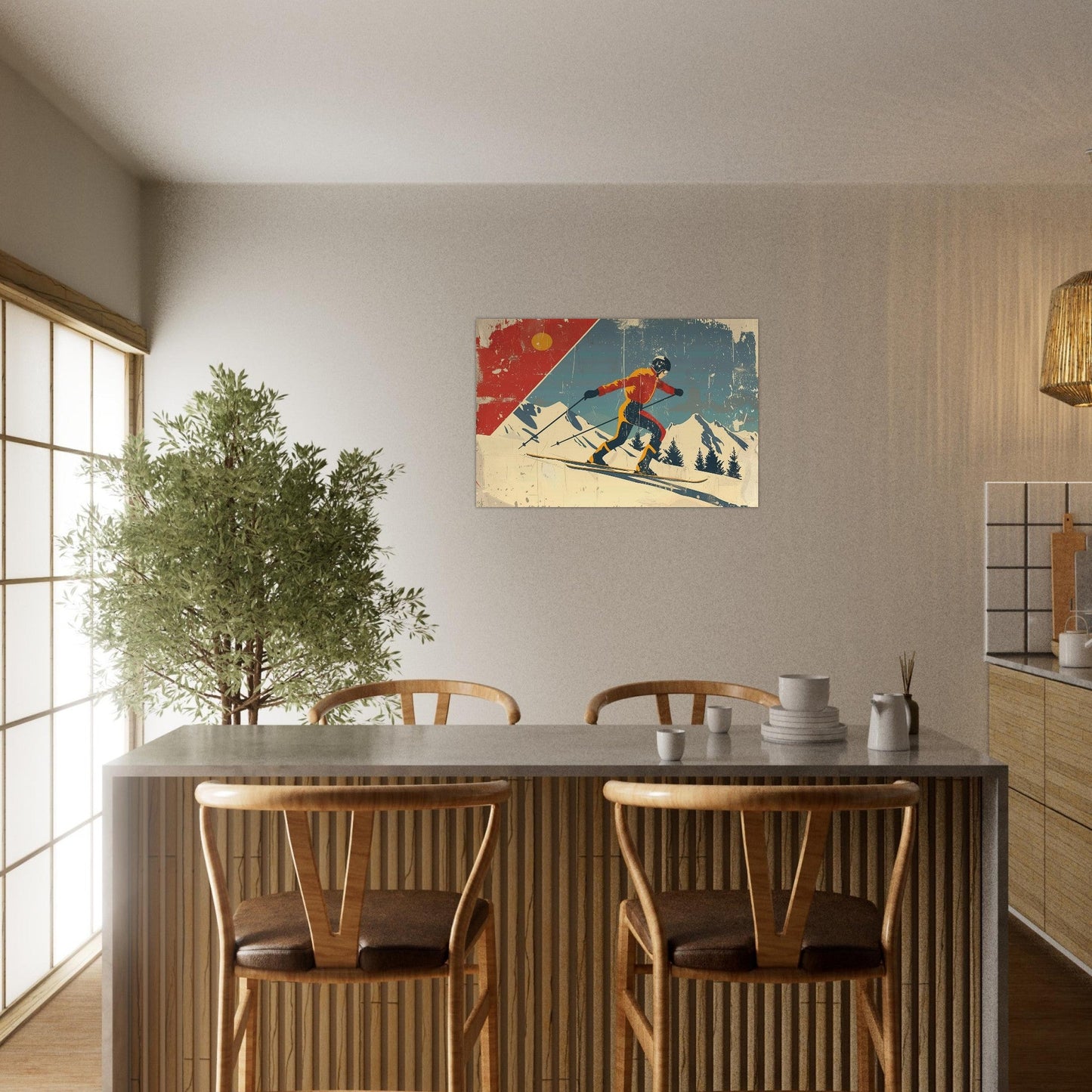 Tableau photo Illustration vintage d'un skieur — tirage aluminium Dibond mat, fabrication française, prêt à accrocher