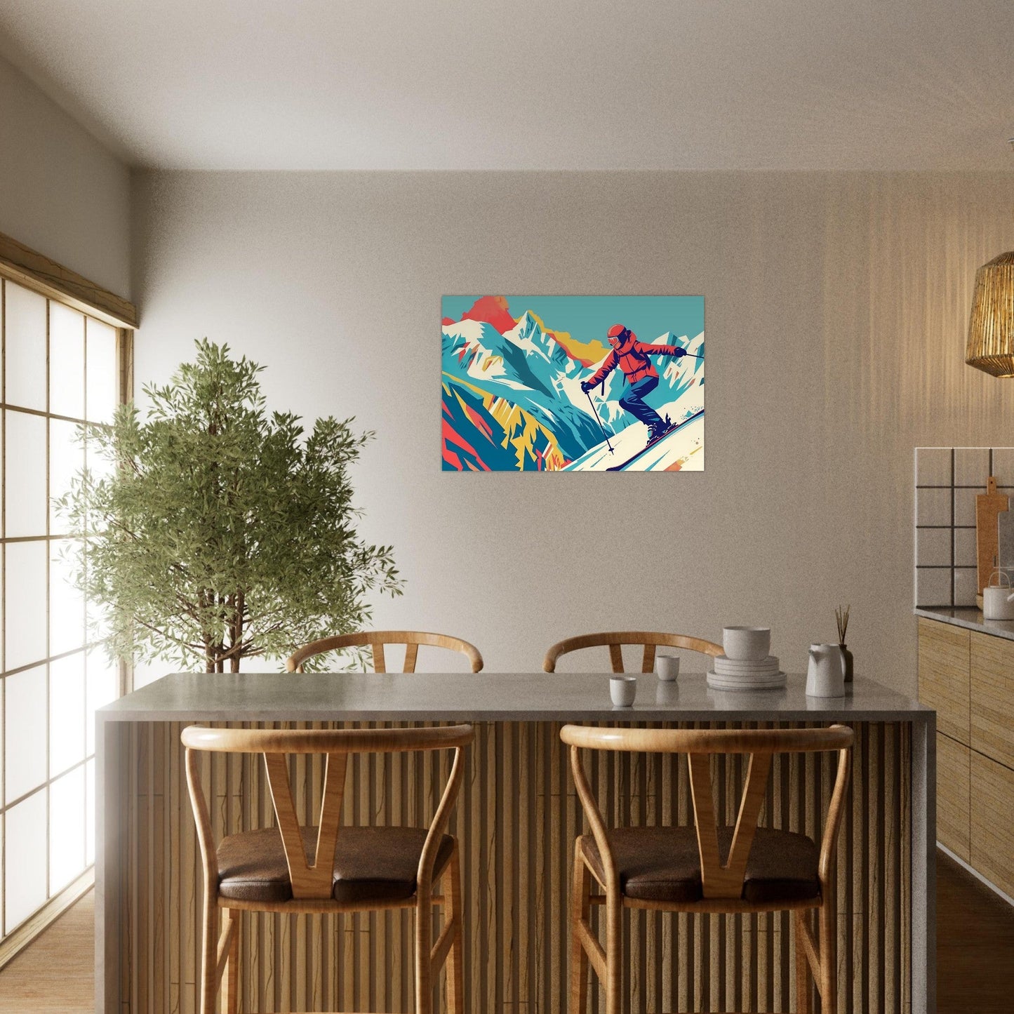 Tableau photo Illustration vintage d'un skieur — tirage aluminium Dibond mat, fabrication française, prêt à accrocher