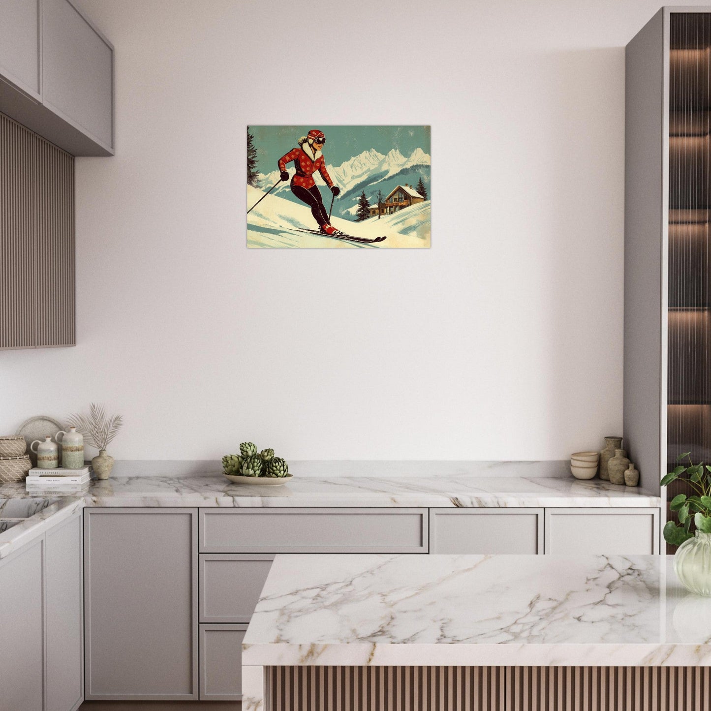 Tableau photo Illustration vintage d'une skieuse — tirage aluminium Dibond mat, fabrication française, prêt à accrocher