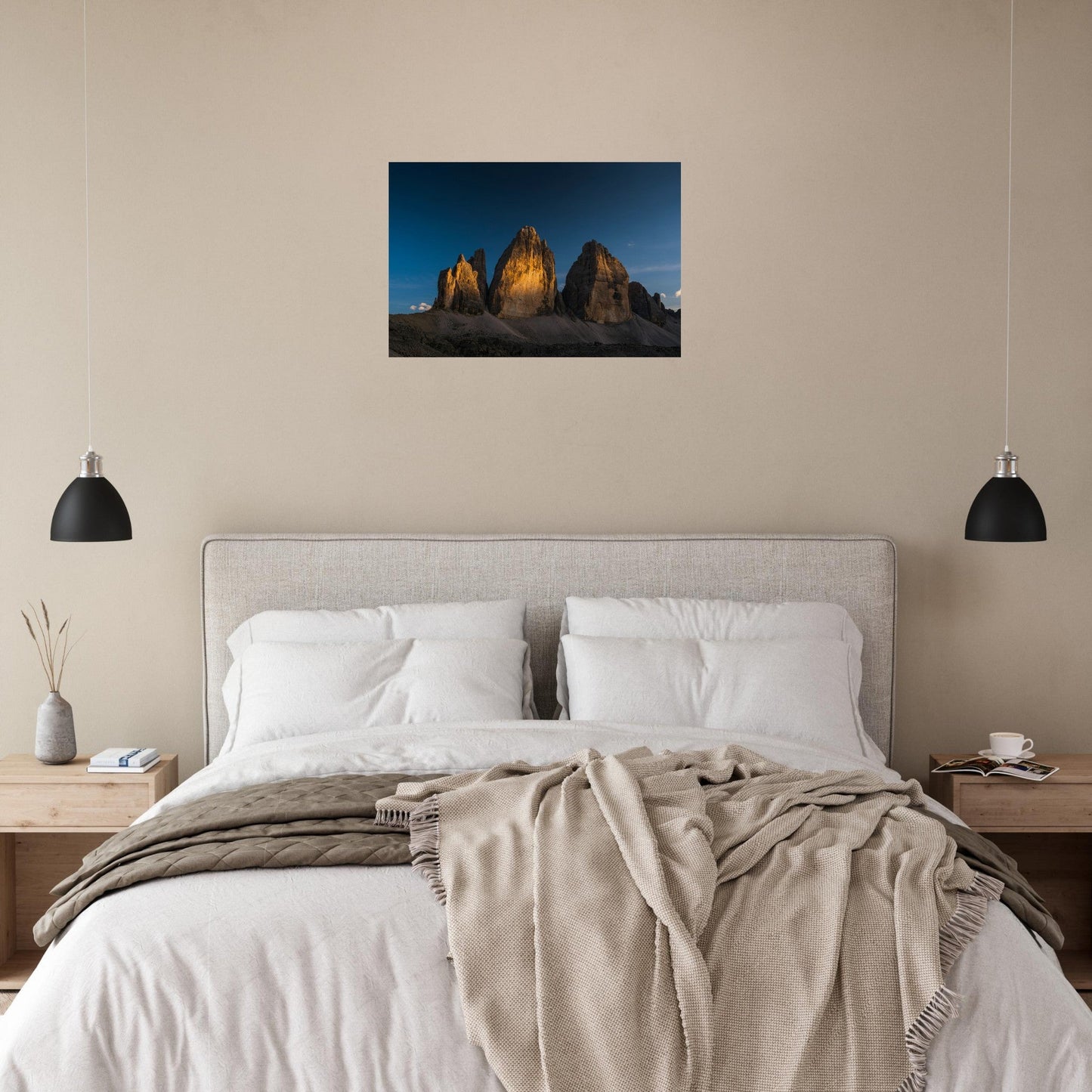 Tableau photo Photo de coucher de soleil sur les Tre Cime di Lavaredo, Italie 2 — tirage aluminium Dibond mat, fabrication française, prêt à accrocher