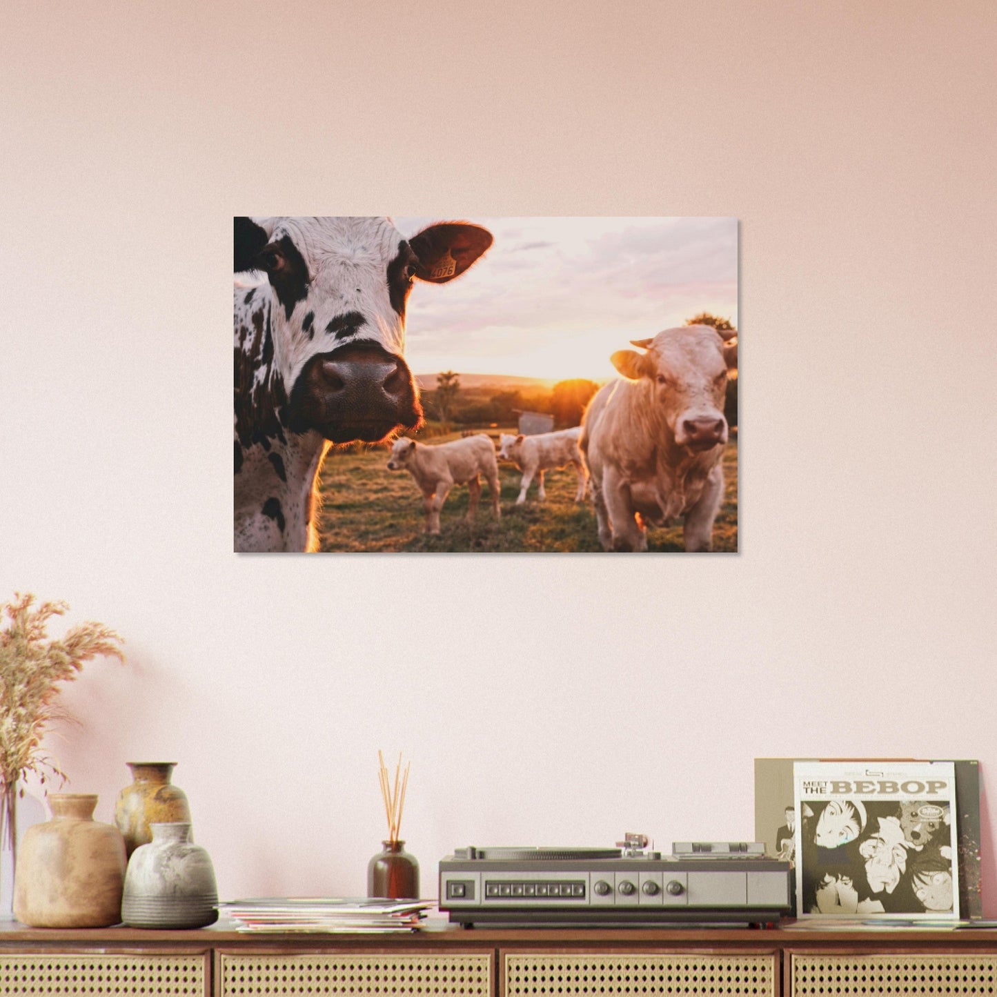 Tableau photo Photo de Vaches de Savoie — coucher de soleil — tirage aluminium Dibond mat, fabrication française, prêt à accrocher