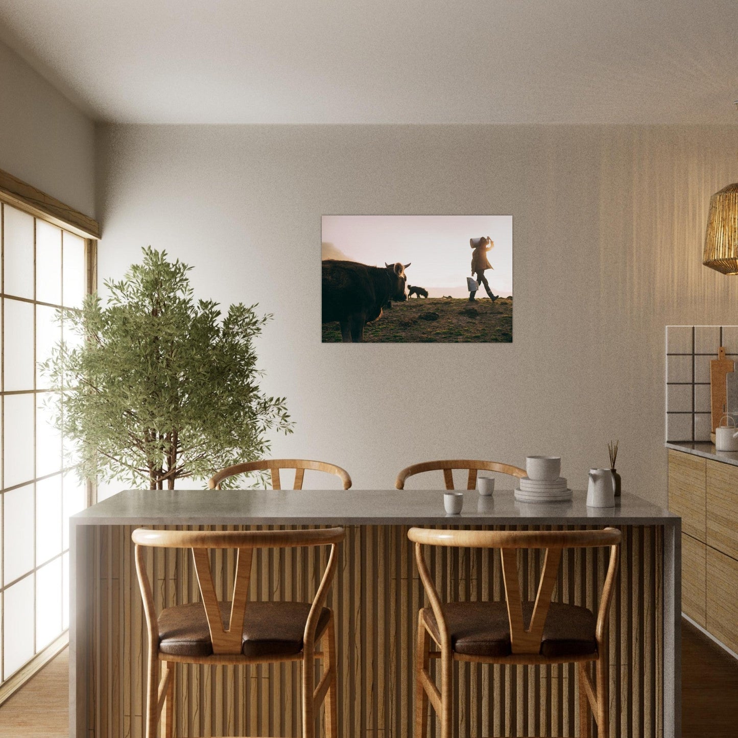 Tableau photo Photo de Vaches de Savoie — éleveur & chien — tirage aluminium Dibond mat, fabrication française, prêt à accrocher