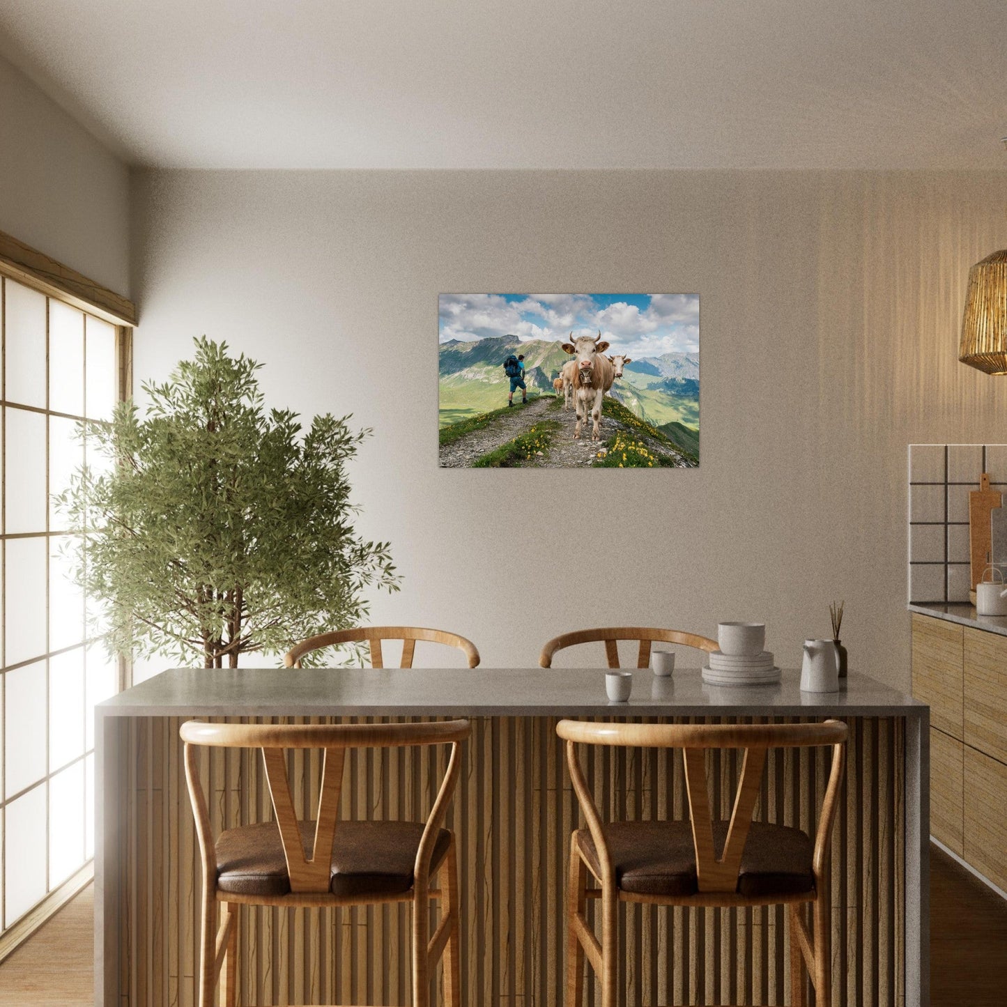 Tableau photo Photo de Vaches en Savoie — chemin d’alpage — tirage aluminium Dibond mat, fabrication française, prêt à accrocher