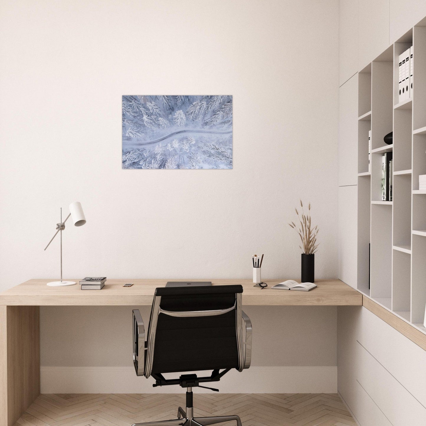 Tableau photo Photo drone de sapins & route enneigés — tirage aluminium Dibond mat, fabrication française, prêt à accrocher