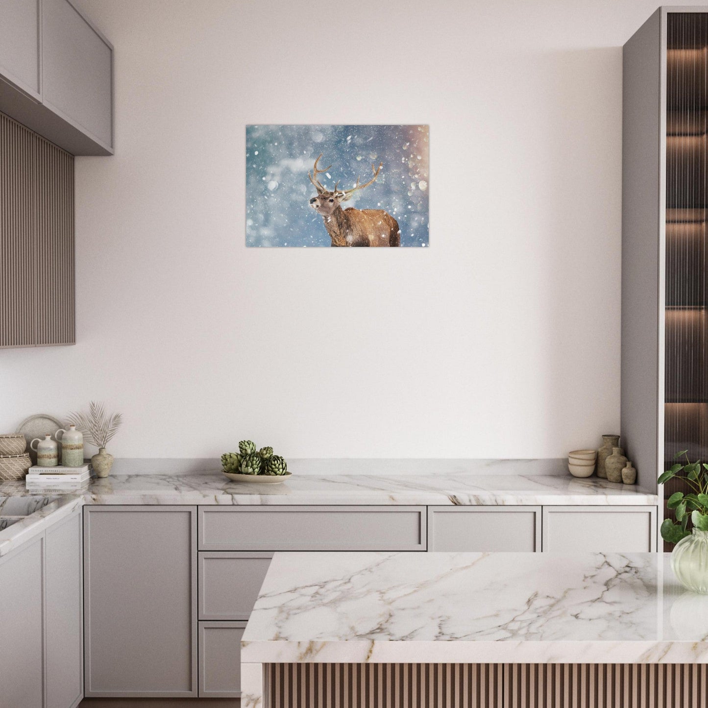 Tableau photo Photo Cerf dans la neige — flocons & bokeh — tirage aluminium Dibond mat, fabrication française, prêt à accrocher