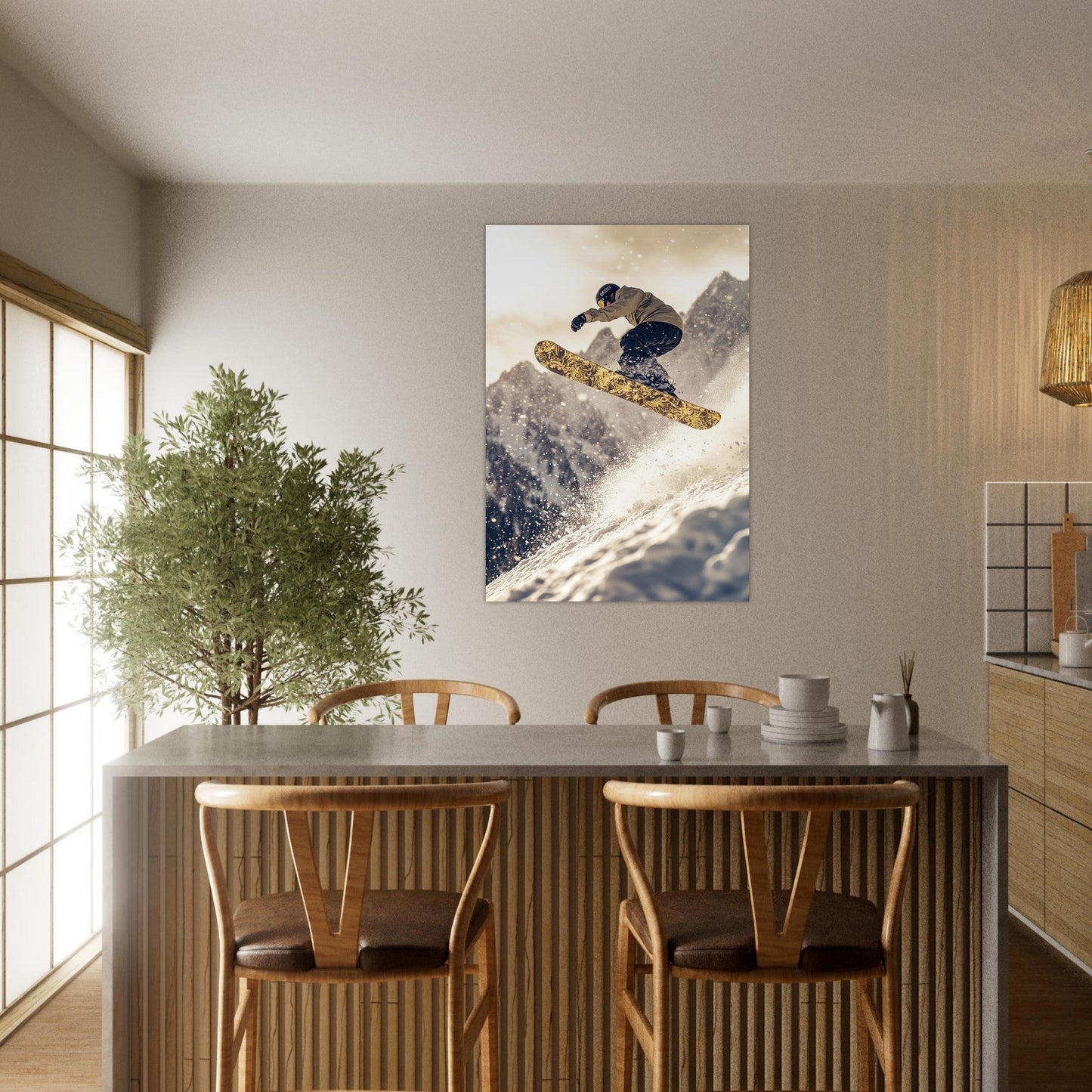 Tableau photo Photo d'un saut de snowboardeur dans la poudre 3 — tirage aluminium Dibond mat, fabrication française, prêt à accrocher