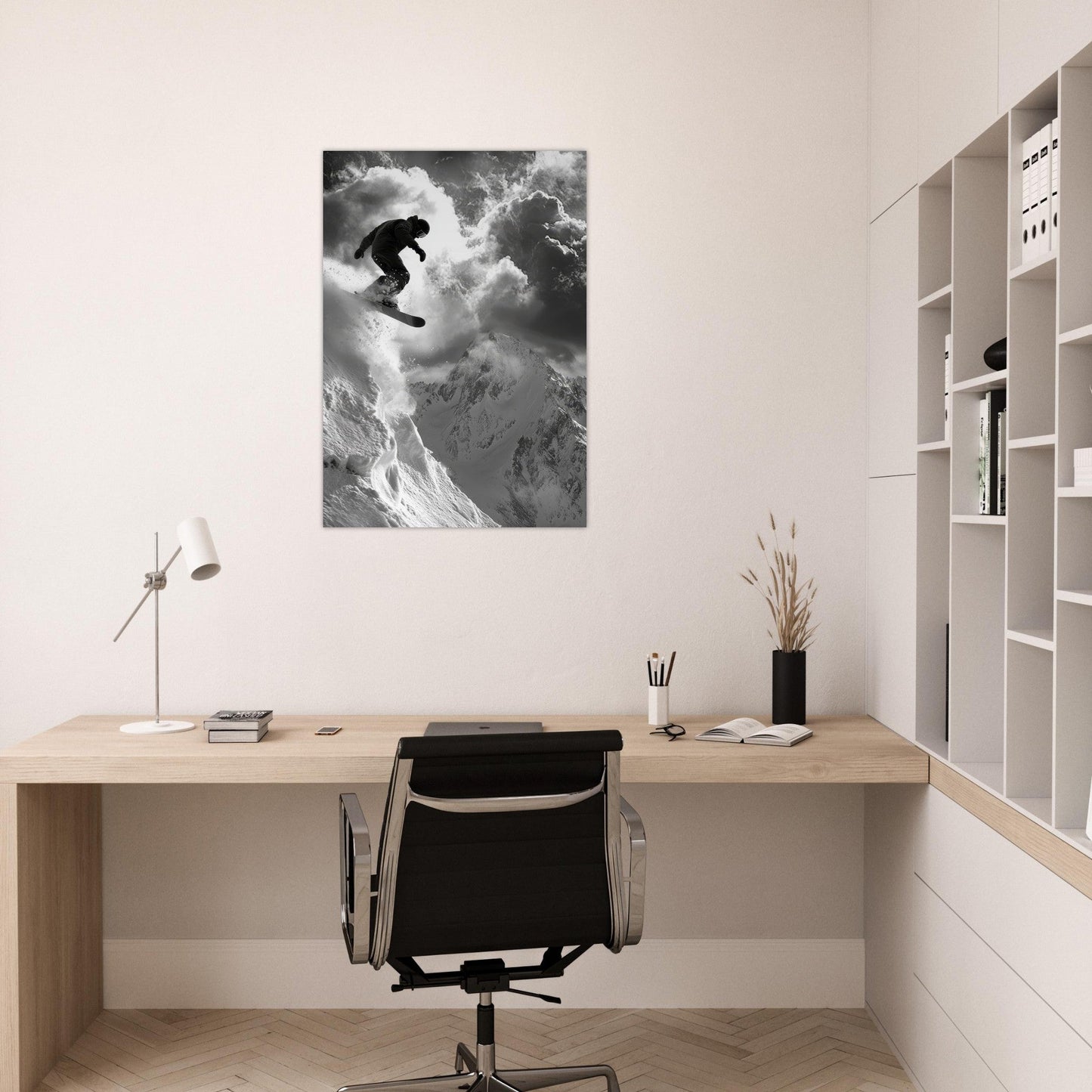 Tableau photo Photo d'un saut de snowboardeur dans la poudre - Noir & Blanc 1 — tirage aluminium Dibond mat, fabrication française, prêt à accrocher