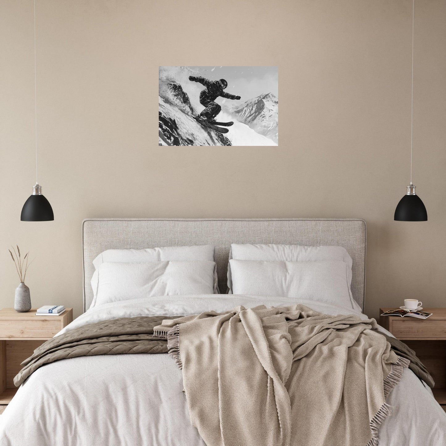 Tableau photo Photo d'un skieur dans la poudre - Noir & Blanc — tirage aluminium Dibond mat, fabrication française, prêt à accrocher