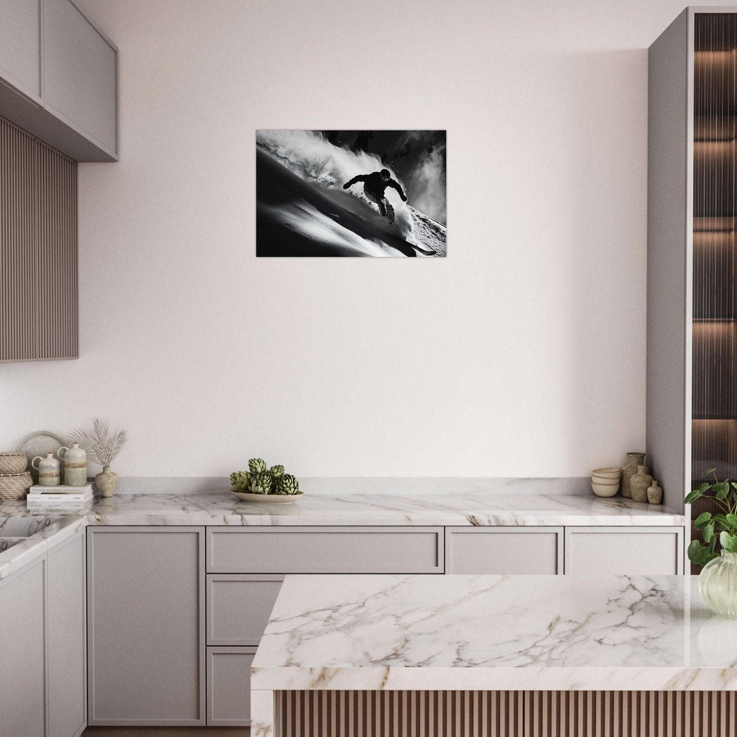 Tableau photo Photo d'un skieur dans la poudre - Noir & Blanc — tirage aluminium Dibond mat, fabrication française, prêt à accrocher