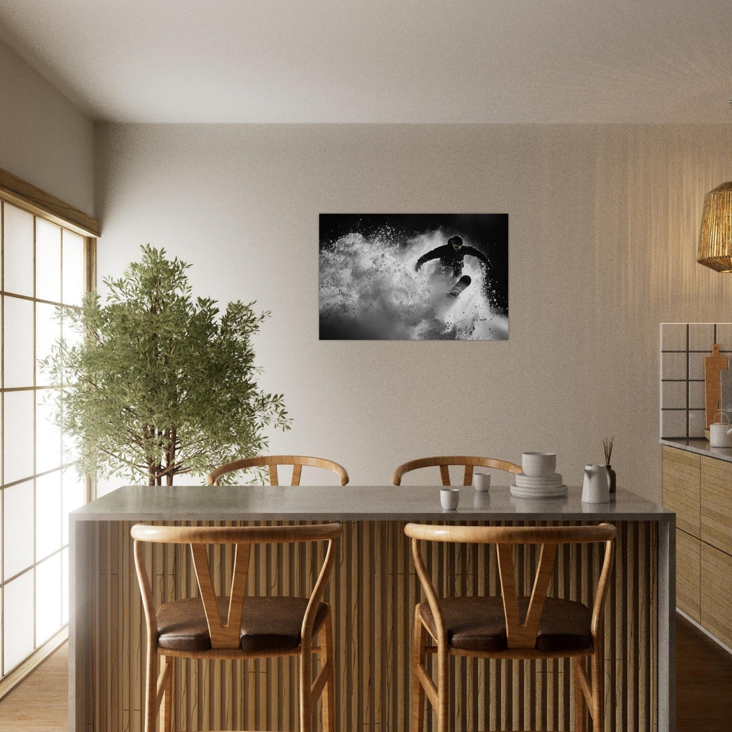 Tableau photo Photo d'un skieur dans la poudre - Noir & Blanc — tirage aluminium Dibond mat, fabrication française, prêt à accrocher