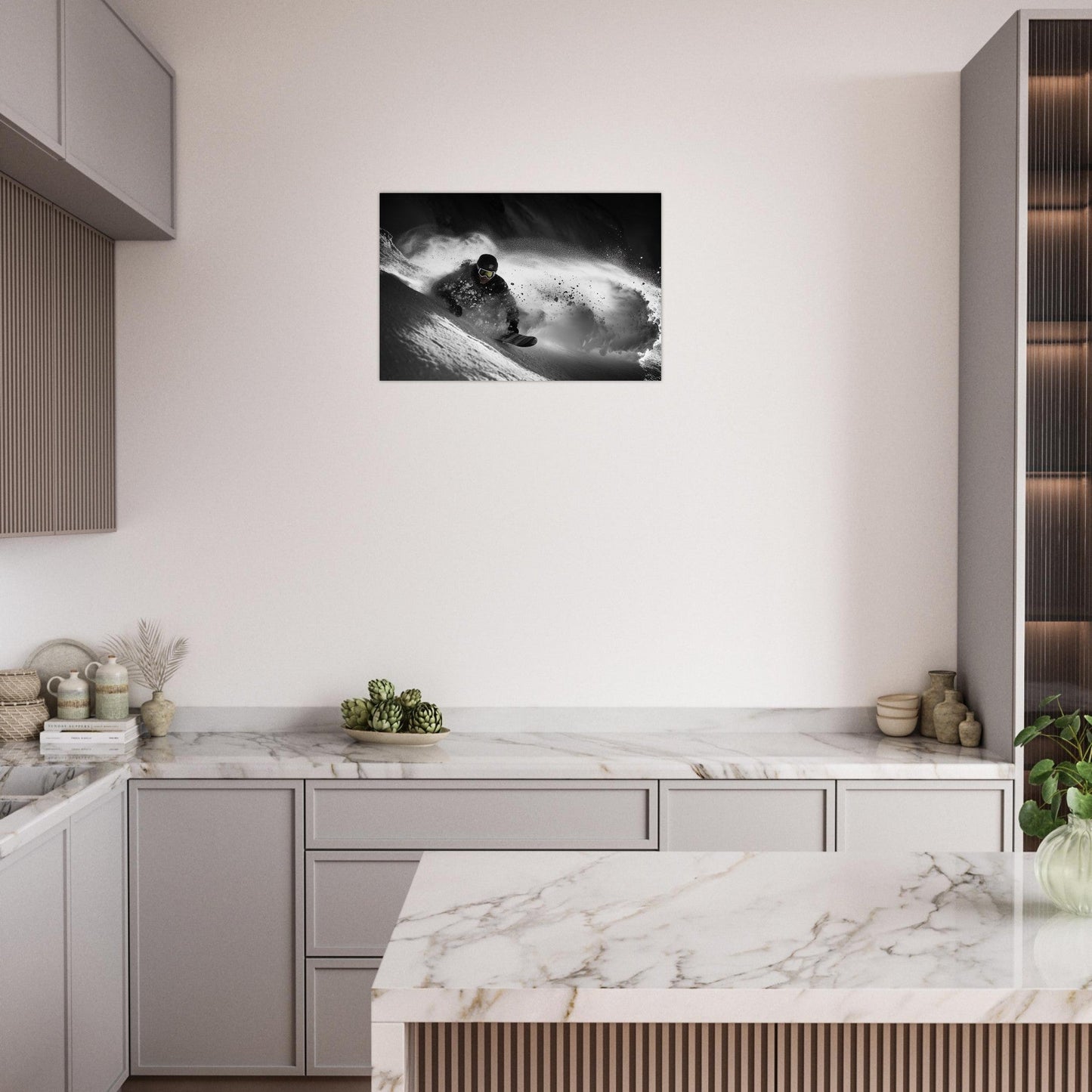 Tableau photo Photo d'un skieur dans la poudre - Noir & Blanc — tirage aluminium Dibond mat, fabrication française, prêt à accrocher