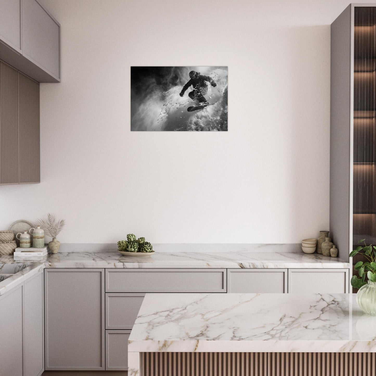 Tableau photo Photo d'un skieur dans la poudre - Noir & Blanc — tirage aluminium Dibond mat, fabrication française, prêt à accrocher