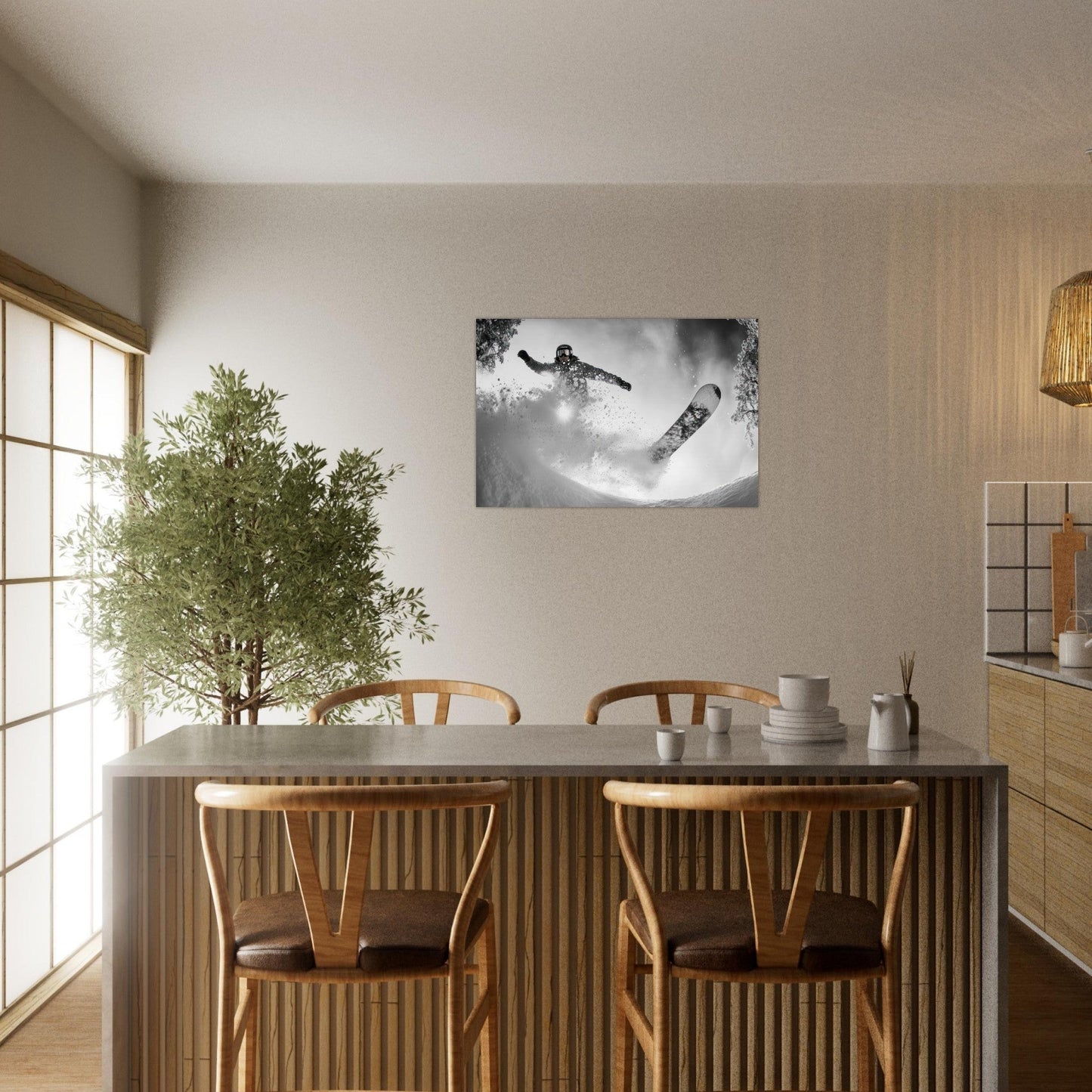 Tableau photo Photo d'un snowboardeur dans la poudre - Noir & Blanc — tirage aluminium Dibond mat, fabrication française, prêt à accrocher