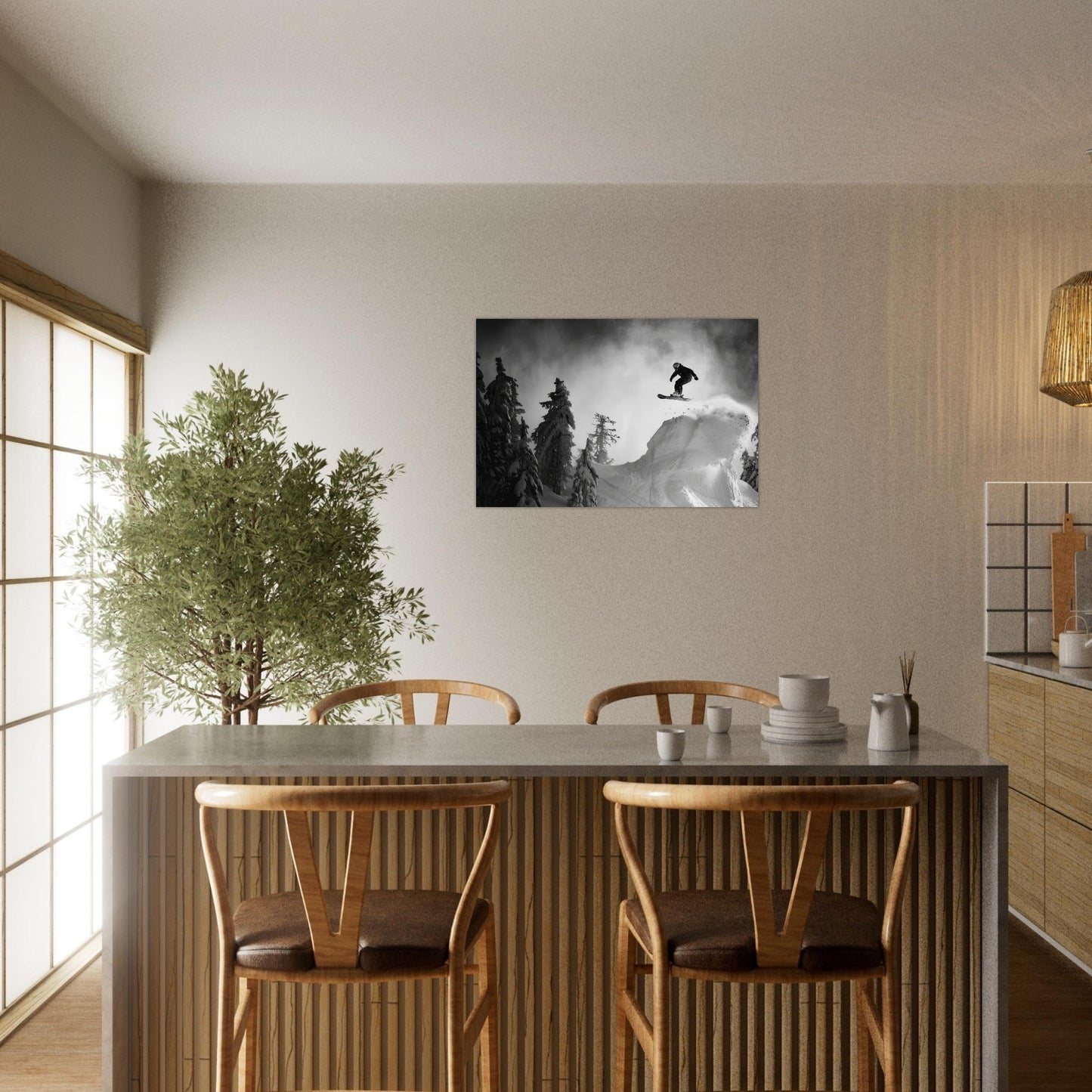 Tableau photo Photo d'un snowboardeur dans la poudre - Noir & Blanc — tirage aluminium Dibond mat, fabrication française, prêt à accrocher