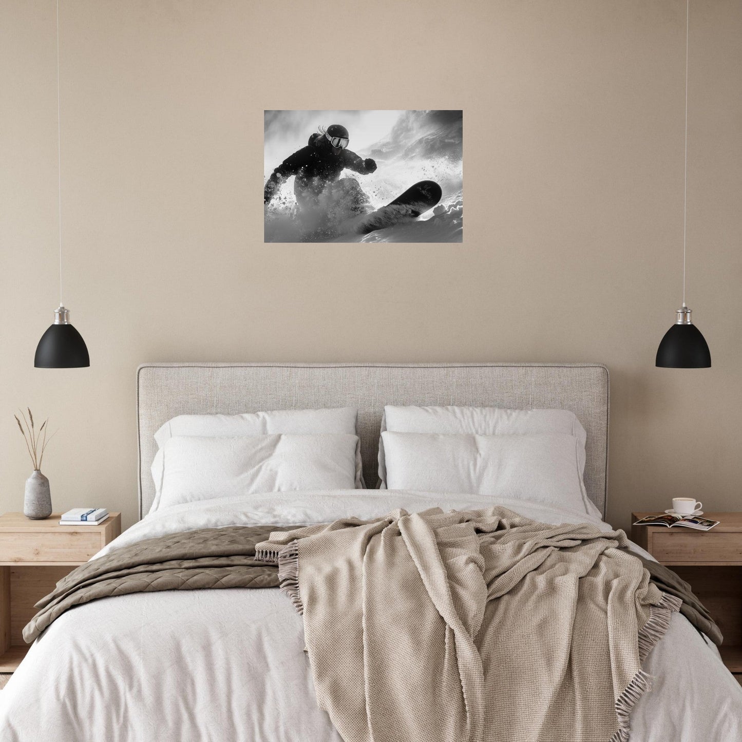 Tableau photo Photo d'un snowboardeur dans la poudre - Noir & Blanc — tirage aluminium Dibond mat, fabrication française, prêt à accrocher