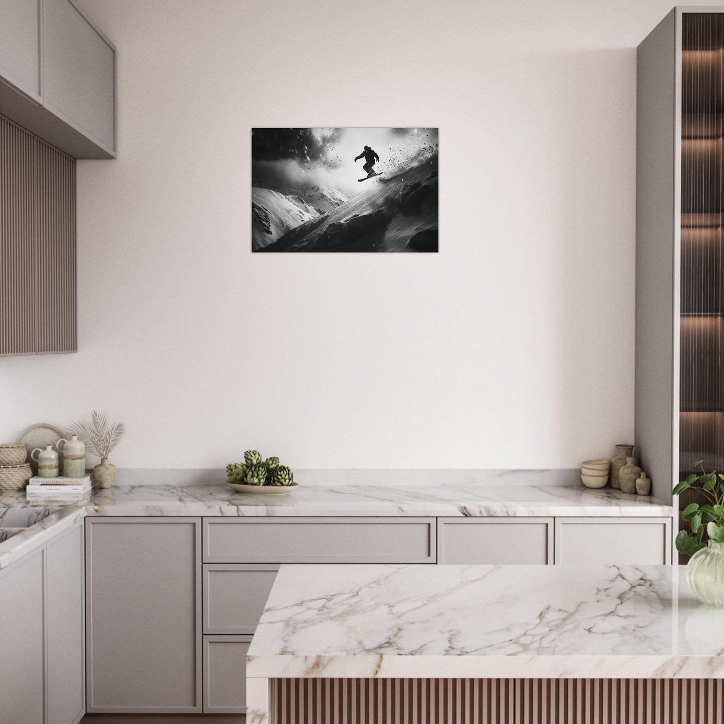 Tableau photo Photo d'un snowboardeur dans la poudre - Noir & Blanc — tirage aluminium Dibond mat, fabrication française, prêt à accrocher