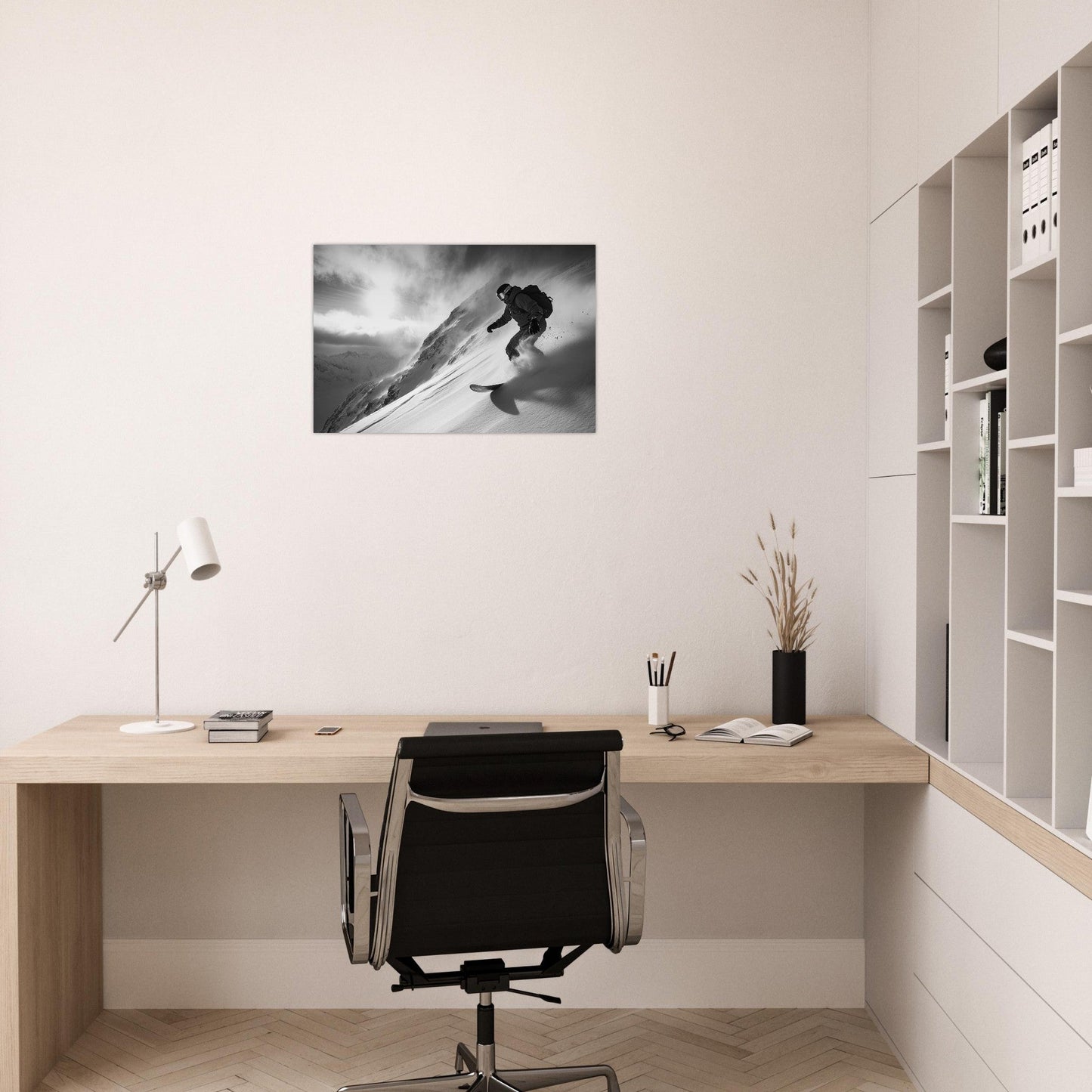 Tableau photo Photo d'un snowboardeur dans la poudre - Noir & Blanc — tirage aluminium Dibond mat, fabrication française, prêt à accrocher