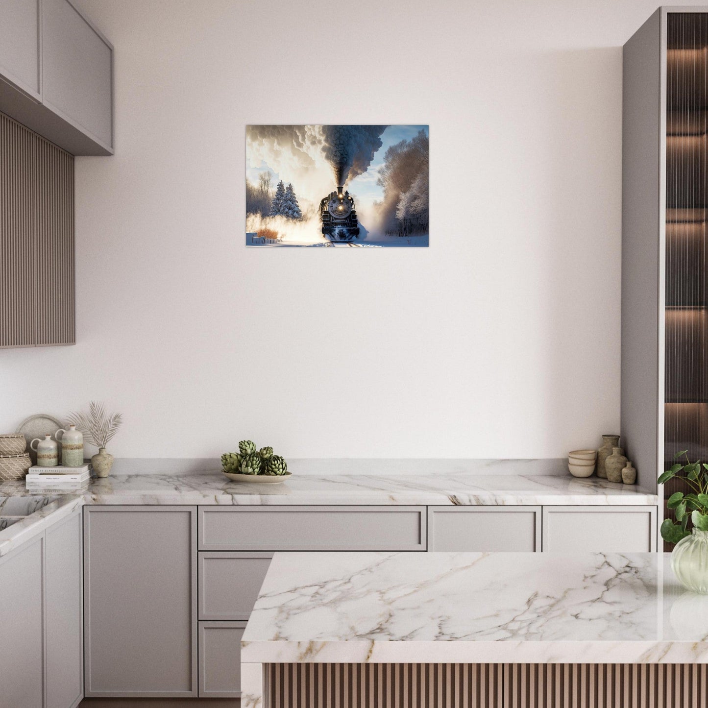 Tableau photo Photo d'un train à vapeur dans un paysage entouré de neige IA — tirage aluminium Dibond mat, fabrication française, prêt à accrocher