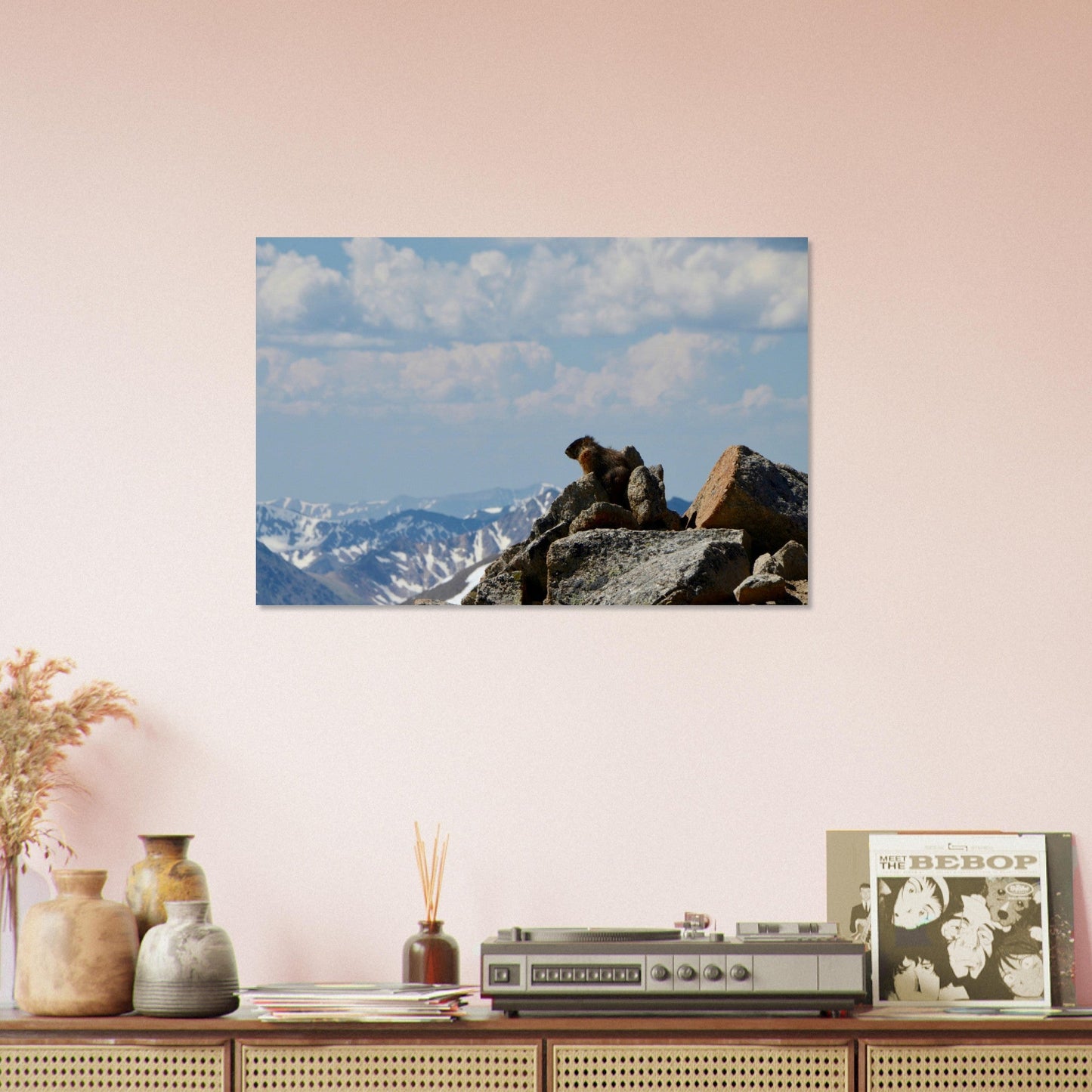 Tableau photo Photo d'une Marmotte — rocher & crêtes enneigées — tirage aluminium Dibond mat, fabrication française, prêt à accrocher