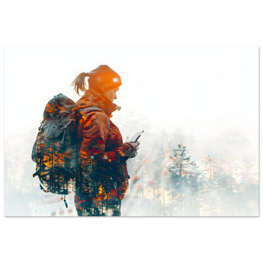 Vente Photo fusion entre un randonneur et la forêt – Tableau photo alu montagne IA - Photo fusion, ,