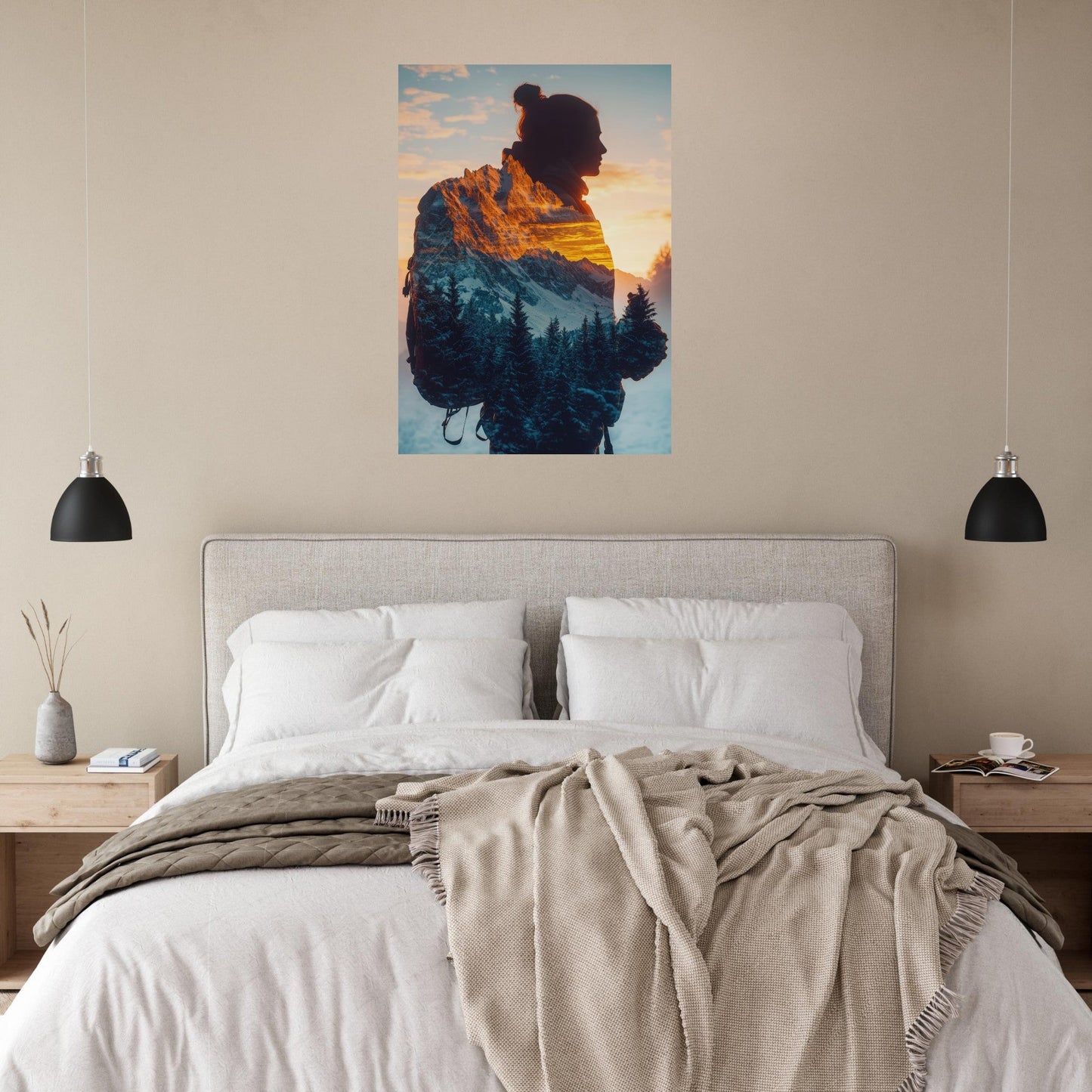 Tableau photo Photo Randonneur x Montagnes — double exposition (Alpes) — tirage aluminium Dibond mat, fabrication française, prêt à accrocher