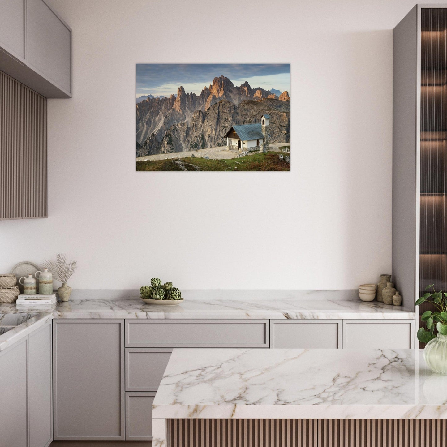 Tableau photo Photo de la Chapelle des Alpins & Cadini — Dolomites — tirage aluminium Dibond mat, fabrication française, prêt à accrocher