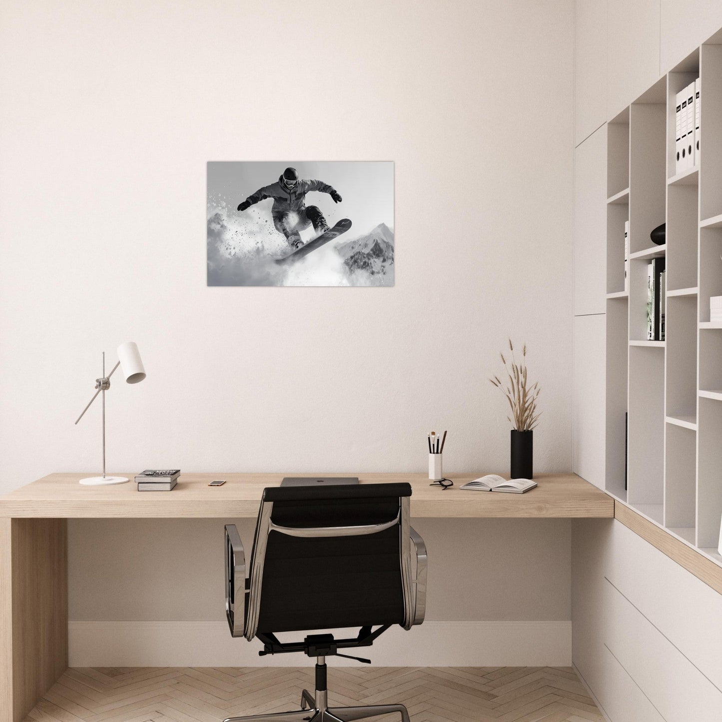 Tableau photo Photo d'un snowboardeur dans la poudre - Noir & Blanc — tirage aluminium Dibond mat, fabrication française, prêt à accrocher